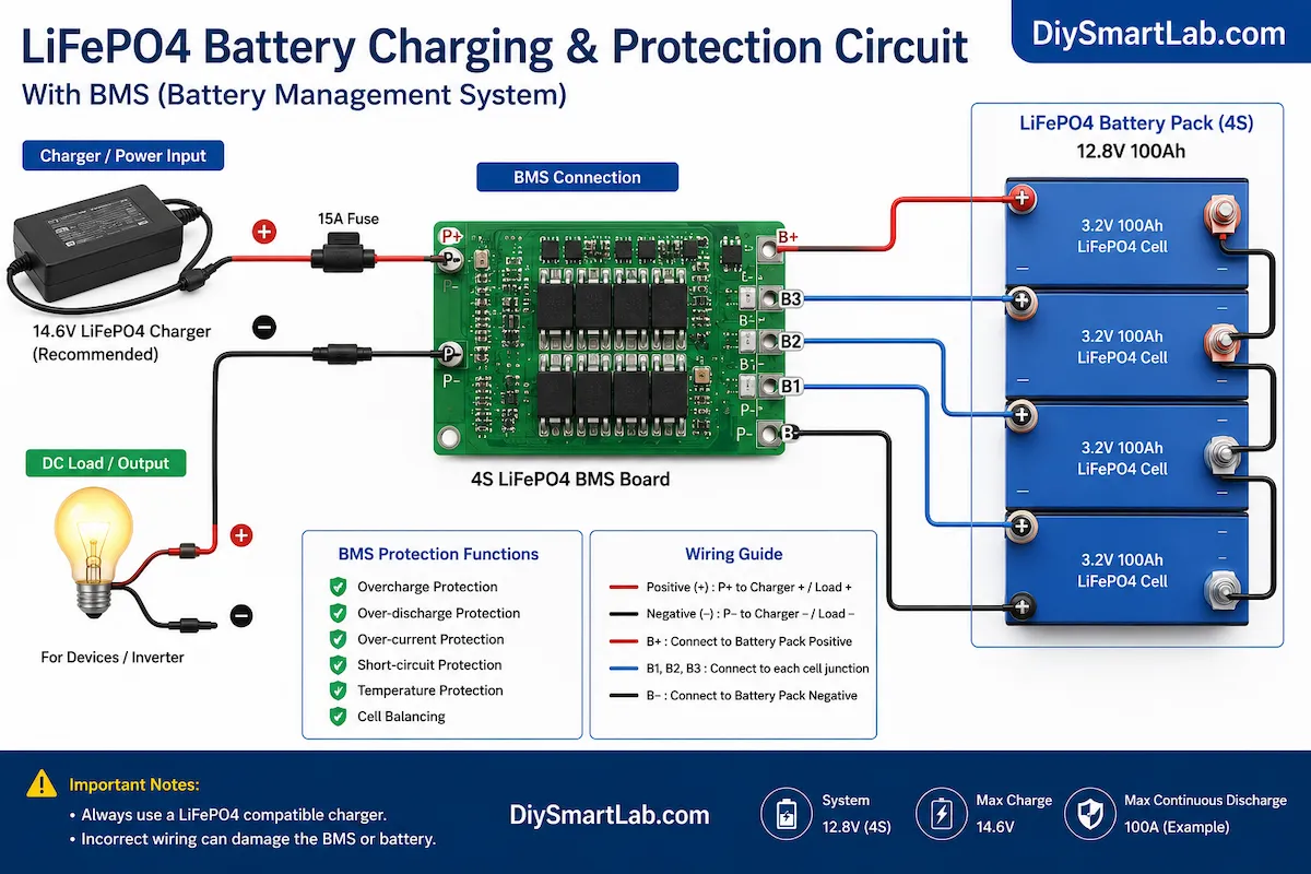 LiFePO4 battery charging and protection circuit diagram