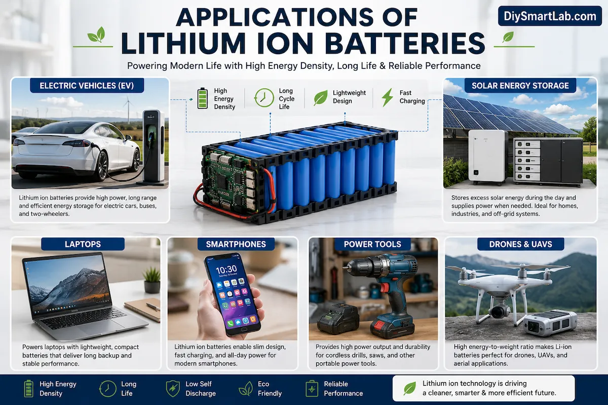 Applications of lithium ion batteries in EV solar laptop smartphone