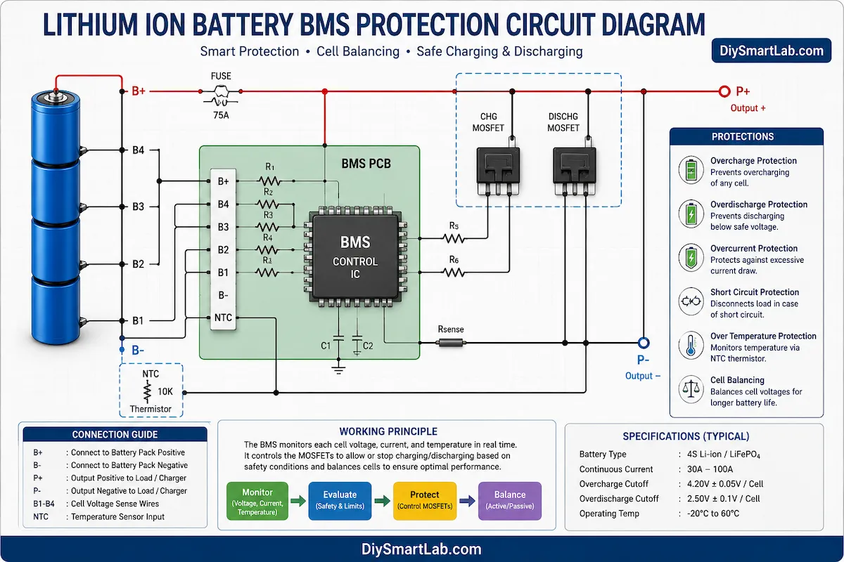 Lithium ion battery BMS protection circuit diagram