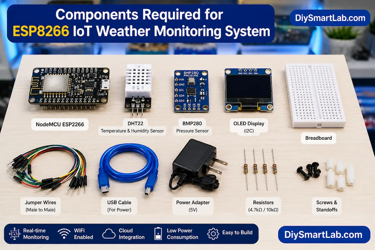 Components required for ESP8266 IoT weather monitoring system